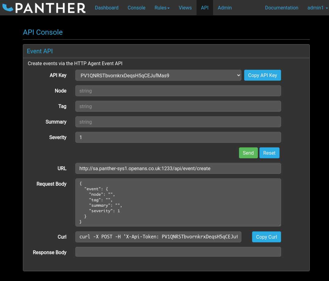 Panther API screen